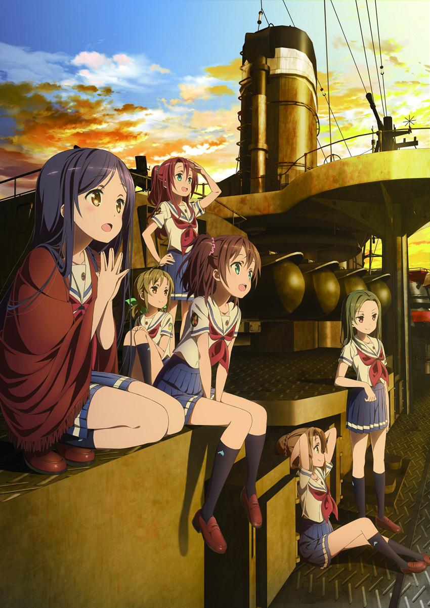 6+girls :d absurdres arms_behind_head beads blue_hair blue_skirt braid braided_bun brown_eyes brown_footwear brown_hair closed_mouth cloud deck_gun destroyer green_eyes hair_bun hair_ornament hair_ribbon hair_scrunchie hand_on_own_hip heki_junko high_school_fleet highres himeji_kayoko knees_up marikouji_kaede matsunaga_ritsuko military military_vehicle multiple_girls official_art ogasawara_hikari open_mouth outdoors pleated_skirt ponytail railing ribbon school_uniform scrunchie serafuku ship ship_deck shirt sitting skirt smile socks squatting standing sunset takeda_michiru torpedo_launcher warship watercraft white_shirt yellow_eyes yokosuka_girls_marine_high_school_uniform