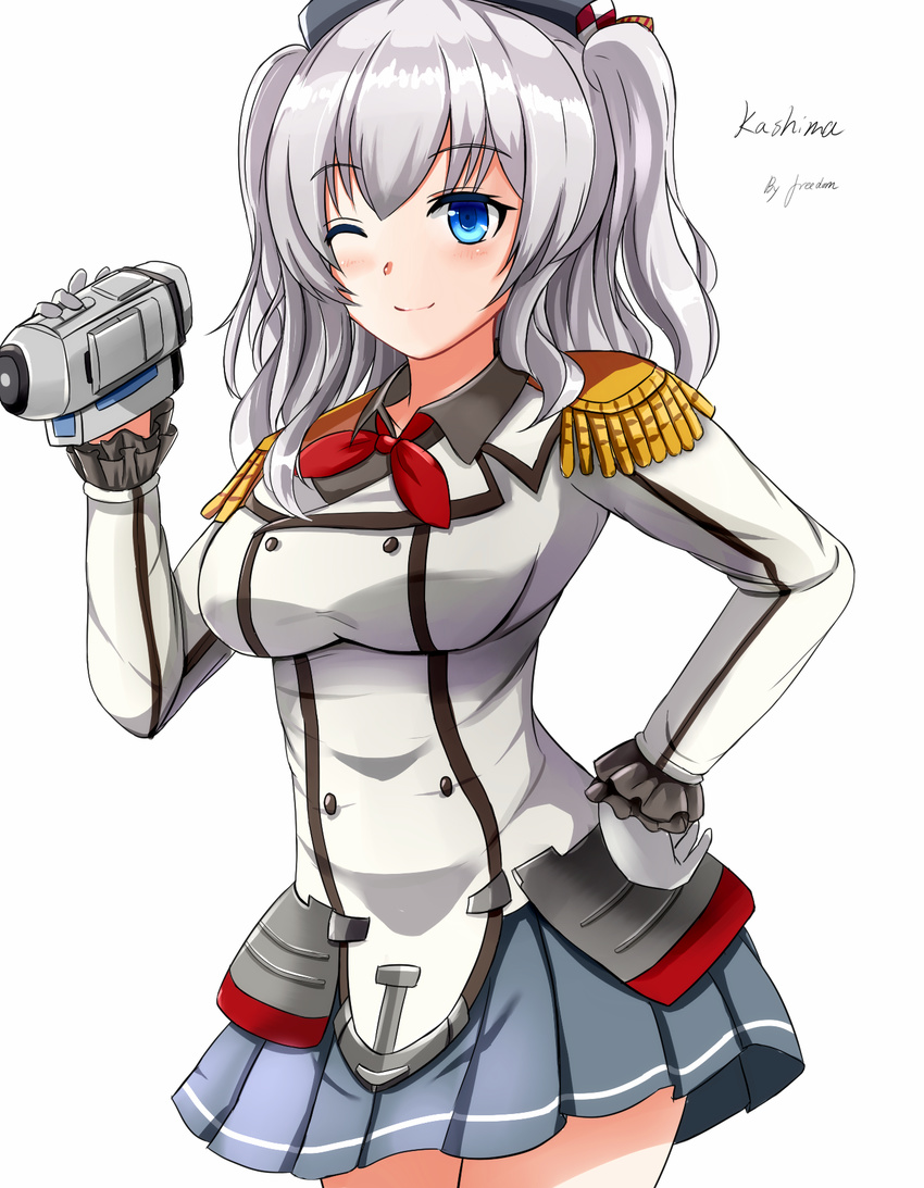 blue_eyes breasts camcorder charlotte_(anime) commentary_request cosplay epaulettes female gloves grey_hair highres kantai_collection kashima_(kancolle) kashima_(kancolle)_(cosplay) large_breasts long_hair look-alike military military_uniform miniskirt one_eye_closed pleated_skirt saber-freedom skirt solo tomori_nao two_side_up uniform video_camera