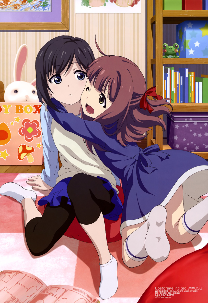 2girls ;d absurdres aged_down ahoge ankle_socks arm_support black_hair black_legwear blue_dress blue_sleeves blunt_bangs book bow box brown_hair carpet checkered_carpet cheek-to-cheek dress feet fingernails fujii_masahiro grey_shirt hair_ribbon half_updo heads_together highres homura_suzuko hug indoors kneehighs leggings long_sleeves looking_at_another lostorage_wixoss magazine_scan manga_(object) megami_magazine morikawa_chinatsu multiple_girls no_shoes official_art on_floor one_eye_closed open_mouth raglan_sleeves red_bow red_ribbon ribbon scan shirt sitting skirt smile socks stuffed_animal stuffed_rabbit stuffed_toy tongue white_legwear wixoss