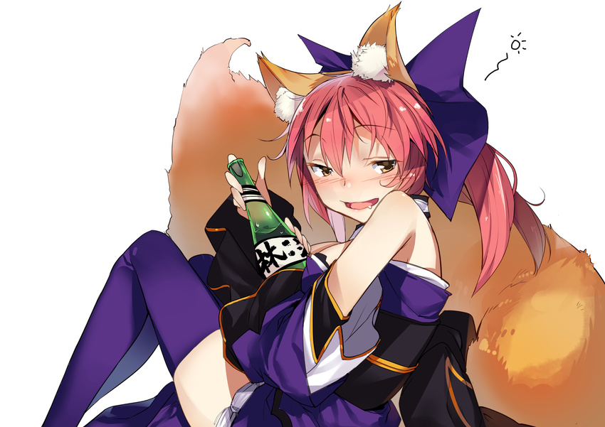 alcohol animal_ears bare_shoulders blush bottle bow breasts brown_eyes commentary_request drunk fate/extra fate_(series) female fox_ears fox_tail hairbow highres kange medium_breasts orange_tail pink_hair purple_thighhighs short_hair simple_background smile solo tail tamamo_(fate) tamamo_no_mae_(fate/extra) thighhighs white_background