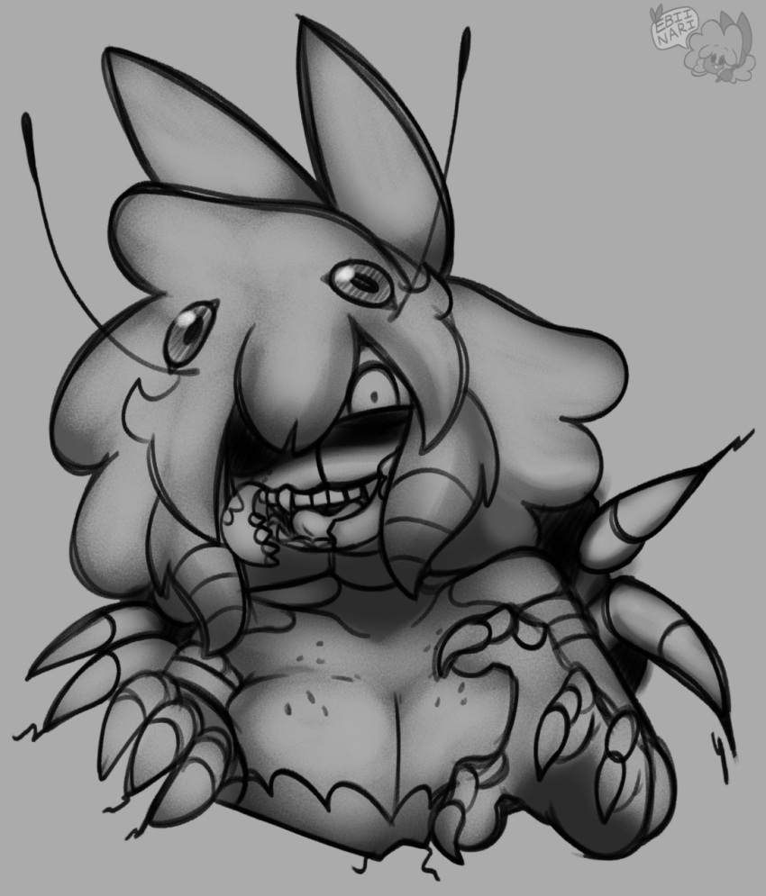 2022 4_eyes 4_fingers accessory animal_humanoid antennae_(anatomy) anthro arthropod arthropod_humanoid big_breasts breasts bust_portrait claws cleavage clothed clothing collarbone crustacean crustacean_humanoid digital_drawing_(artwork) digital_media_(artwork) ebii_(ebiinari) ebiinari fangs female finger_claws fingers fluffy fluffy_hair freckles front_view grey_background greyscale hair headband headgear headgear_only headwear headwear_only hi_res humanoid insane looking_at_viewer mandibles marine marine_humanoid monochrome monster mostly_nude multi_eye multi_leg multi_limb portrait reaching_towards_viewer scales sharp_teeth shrimp shrimp_humanoid signature simple_background solo subject_3b11 teeth tongue watermark