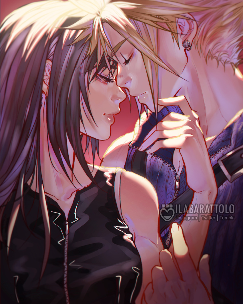 1boy bare_shoulders black_hair black_shirt blonde_hair blue_shirt brown_eyes closed_eyes cloud_strife couple earrings female final_fantasy final_fantasy_vii hand_on_another's_chin high_collar highres ilabarattolo imminent_kiss jewelry long_hair looking_down red_background ribbed_shirt shirt sidelocks sleeveless sleeveless_shirt spiked_hair straight strap tifa_lockhart zipper zipper_pull_tab