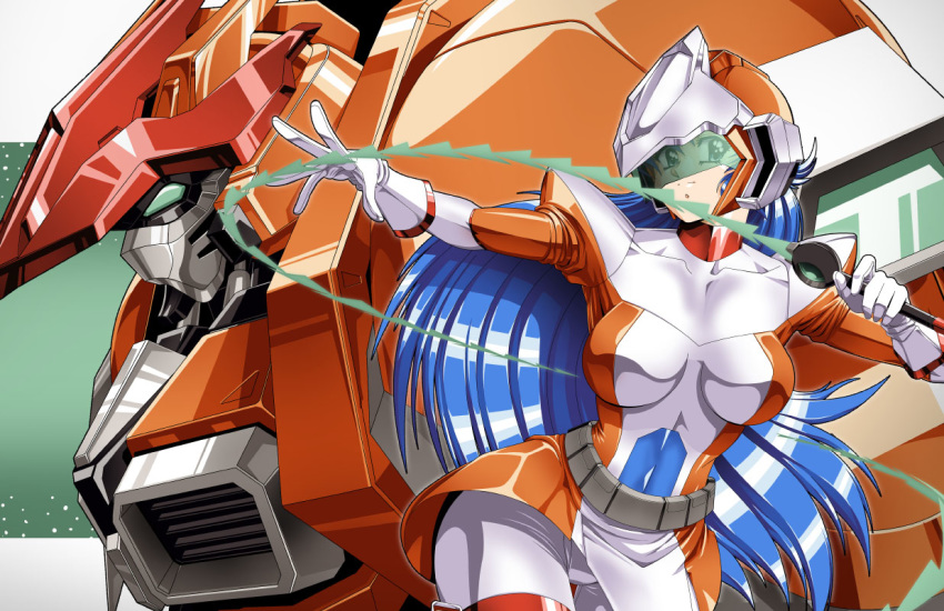 1990s_(style) armor assault_visor belt belt_pouch blue_hair bodysuit breasts collarbone dennis_pulido energy_sword female flame_(panzer_paladin) gloves grit_(panzer_paladin) helmet holding holding_weapon impossible_bodysuit impossible_clothes large_breasts long_hair looking_at_viewer mecha multicolored_bodysuit multicolored_clothes orange_bodysuit outstretched_arm panzer_paladin pouch retro_artstyle robot shoulder_armor skindentation skirt sword thigh_gap weapon whip_sword white_bodysuit white_gloves