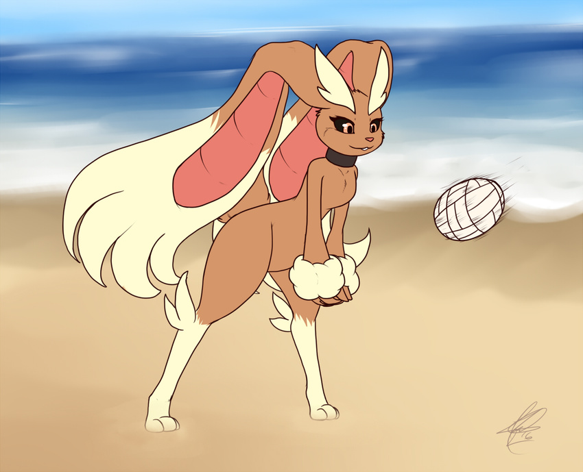 2016 3_toes anthro ball beach big_ears black_sclera brown_body brown_eyes brown_fur buckteeth cloud collar collar_only day detailed_background digital_media_(artwork) dipstick_ears ear_markings feet female flat_colors floppy_ears fur generation_4_pokemon lagomorph leg_markings long_ears lop_ears lopunny mammal markings motion_lines multicolored_ears nintendo nude nude_beach outdoor_nudity outside path_lines pink_inner_ear pokemon pokemon_(species) sand seaside shikaro signature sky socks_(marking) solo sport tan_body tan_fur tan_legs tan_markings teeth toes volleyball_(ball) water wide_hips