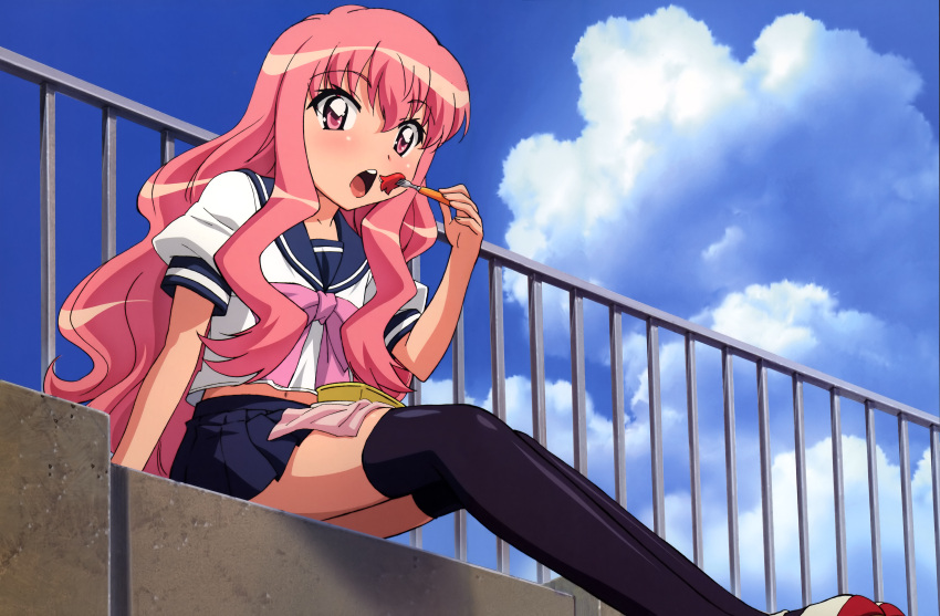 absurdres blush knee_socks long_hair louise_françoise_le_blanc_de_la_vallière navel pink_eyes pink_hair school_uniform short_sleeves sitting sky thighhighs zero_no_tsukaima zettai_ryouiki