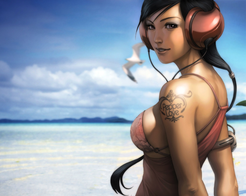 beach black_hair brown_eyes dress fully_clothed headphones headset long_hair pepper seagull smile standing tagme tattoo