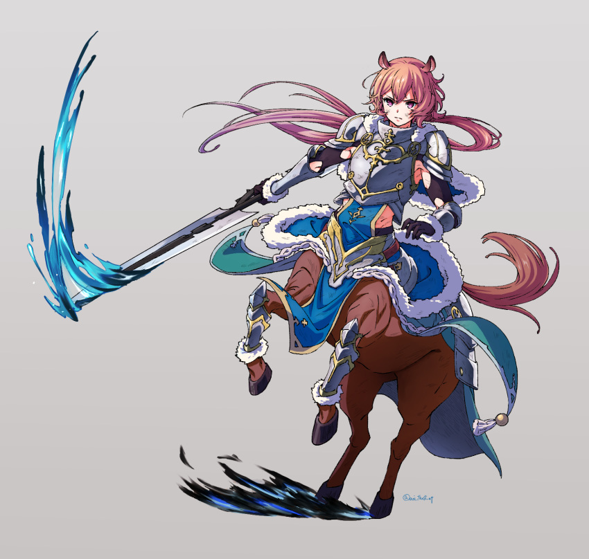 1boy animal_ears armor armpits artist_name blue_cattail brown_eyes brown_hair centaur clothing_cutout commentary double-blade full_body fur_trim gloves grey_background highres holding holding_polearm holding_weapon horse_ears injury knight long_hair low_ponytail male_focus monster_boy pink_eyes polearm rearing renniscan side_cutout sidelocks solo spear tales_of_erin taur torn_clothes twitter_username water weapon