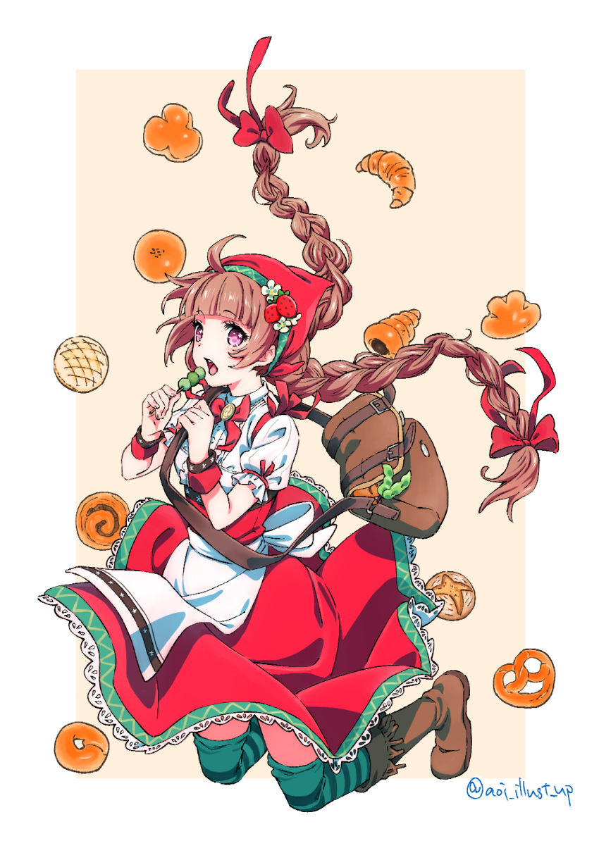 ahoge apron bag bagel beige_background blouse blue_cattail bodice boots border bow braid bread brown_footwear brown_hair chocolate_cornet commentary_request croissant dango female floating_hair food food-themed_hair_ornament fringe_trim full_body green_thighhighs hair_ornament hairbow hands_up head_scarf highres kneeling lace_trim long_hair melon_bread open_mouth outside_border pretzel puffy_short_sleeves puffy_sleeves purple_eyes red_skirt ribbon-trimmed_sleeves ribbon_trim satchel shirt short_sleeves shoulder_bag simple_background skirt solo star-shaped_pupils star_(symbol) strawberry_hair_ornament striped_clothes striped_thighhighs symbol-shaped_pupils tales_of_erin teeth thighhighs twin_braids twintails twitter_username upper_teeth_only vladimira wagashi white_border white_shirt wristband