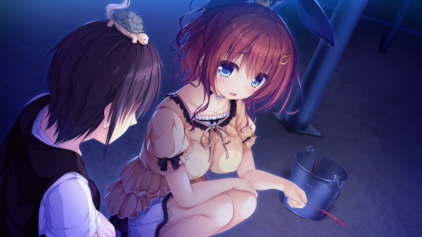 animal blue_eyes game_cg hatsujou_sprinkle meidou_hazuki mikagami_mamizu red_hair short_hair tail turtle whirlpool