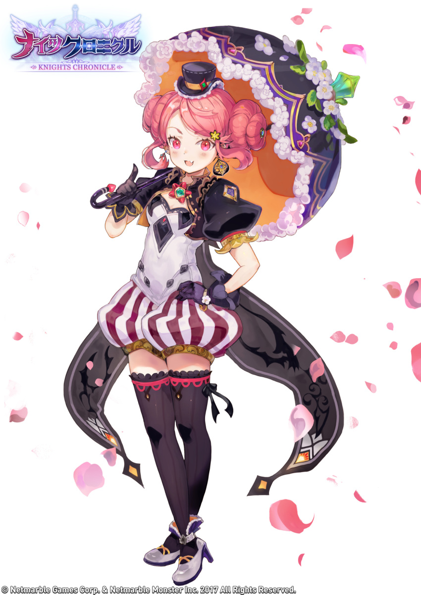 black_gloves black_thighhighs blush breasts brooch carolina_(knights_chronicle) coattails commentary_request copyright_name cropped_jacket crossed_ankles double_bun earrings female flower frilled_hat frills full_body gloves gokuma hair_bun hair_flower hair_ornament hand_on_own_hip hat high_heels highres jewelry knights_chronicle leaf logo looking_at_viewer mini_hat mismatched_earrings oerba_yun_fang official_art open_mouth pale_skin parasol petals photoshop_(medium) pink_eyes pink_hair puffy_short_sleeves puffy_shorts puffy_sleeves short_sleeves shorts simple_background skin_fang small_breasts smile solo standing striped_clothes striped_shorts swept_bangs thighhighs top_hat umbrella watermark white_background