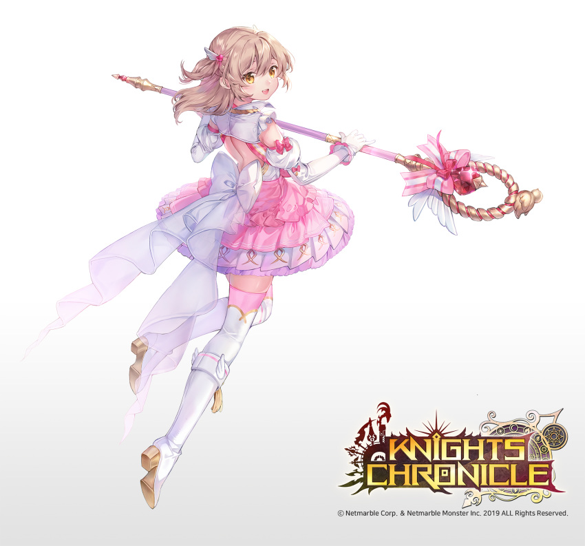 adcd back boots bow brown_eyes brown_hair commentary_request copyright_name female full_body gem gloves hair_ornament heart highres knights_chronicle leona_(knights_chronicle) long_hair magical_girl official_art open_mouth solo sparkle staff teeth thighhighs white_background