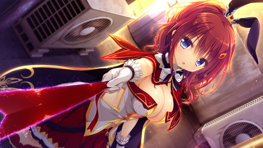 blue_eyes breasts cleavage game_cg gloves hatsujou_sprinkle meidou_hazuki mikagami_mamizu red_hair short_hair weapon whirlpool