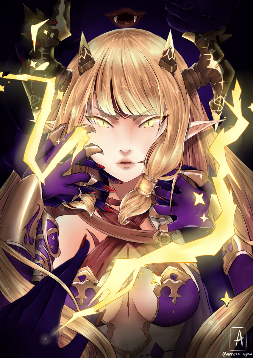 absurdres artist_name breasts center_opening cleavage electricity fangs female gloves highres long_hair open_mouth solo star tales_of_erin teeth tiamat_(tales_of_erin) yellow_eyes