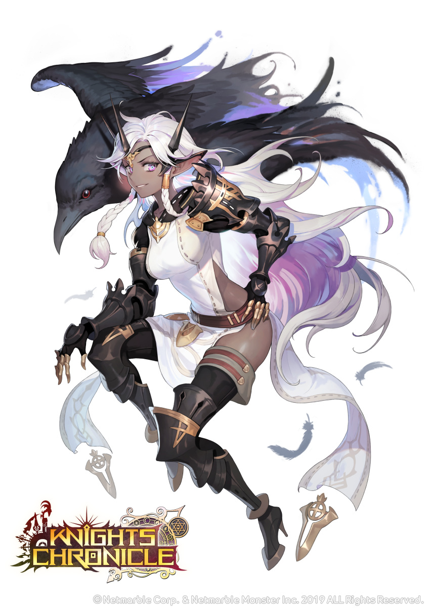 absurdres belt bird boots braid commentary_request copyright_name crow crown dark-skinned_female dark_skin elizabeth_(knights_chronicle) feathered_wings female full_body gloves high_heel_boots high_heels highres knights_chronicle long_hair official_art pointy_ears solo soyoong_jun teeth twin_braids white_hair wings