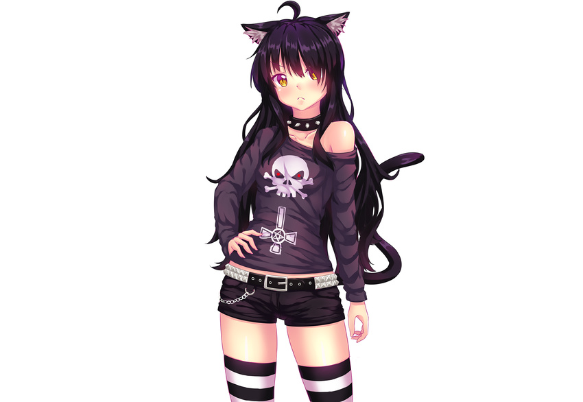 animal_ears betsy black_hair catgirl chains choker fast-runner-2024 long_hair original shorts tail white yellow_eyes