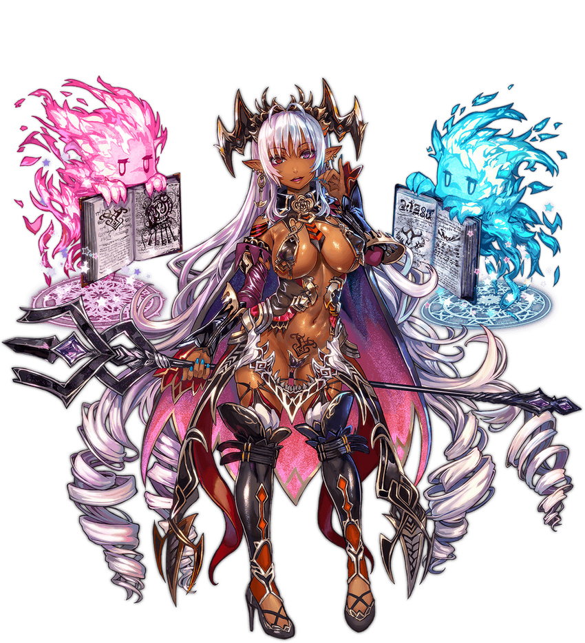 absurdly_long_hair book boots breasts cape chikokuma dark-skinned_female dark_skin dorothea_(sennen_sensou_aigis) drill_hair earrings female full_body headdress high_heels holding holding_staff jewelry large_breasts long_hair looking_at_viewer magic_circle nail_polish navel official_art pointy_ears pubic_tattoo purple_eyes red_eyes revealing_clothes sennen_sensou_aigis shiny_skin solo staff tattoo thigh_boots thighhighs transparent_background very_long_hair white_hair