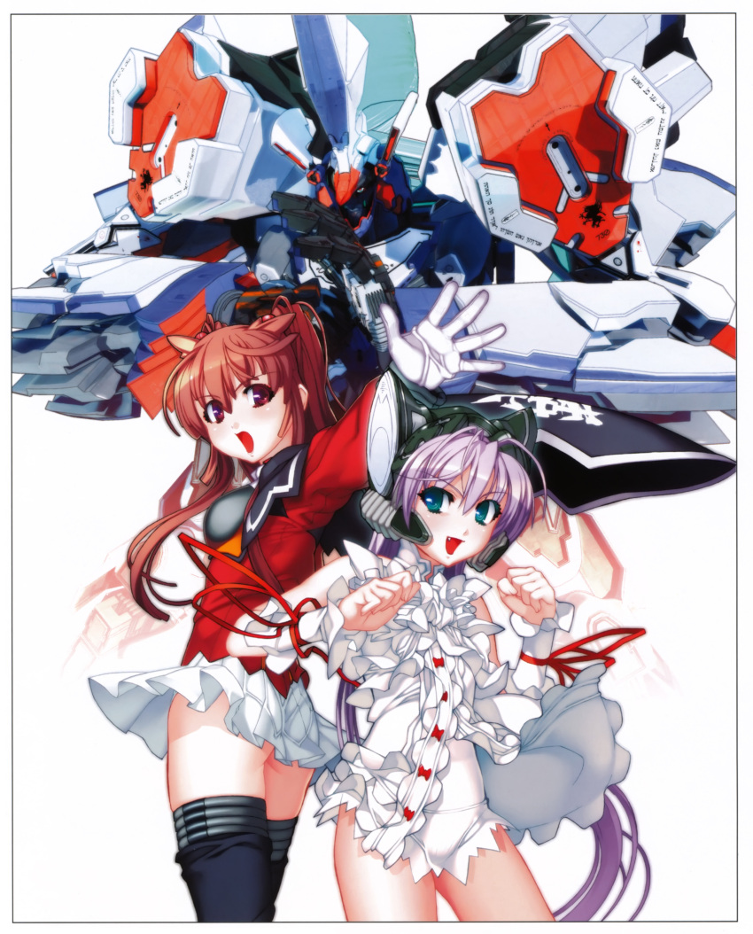 2girls :d absurdres al_azif black_legwear brown_hair clenched_hands demonbane demonbane_(mecha) dress gloves green_eyes hadou_ruri highres light_purple_hair long_hair long_sleeves mecha multiple_girls nishii_(damnedrive) official_art open_mouth photoshop_(medium) red_eyes robot skirt smile thighhighs wrist_cuffs