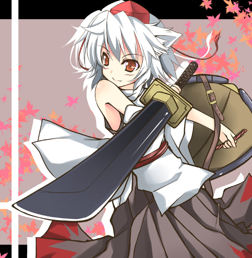 animal_ears commentary_request detached_sleeves fangs female hat inubashiri_momiji kusano_(torisukerabasu) leaf leaf_background oerba_yun_fang orange_eyes photoshop_(medium) shield skirt smile solo sword tokin_hat touhou weapon white_hair wolf_ears