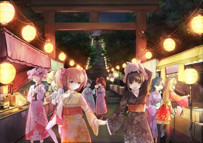 6+girls akemi_homura bad_id bad_pixiv_id black_kimono black_legwear blue_kimono blush bow character_mask charlotte_(madoka_magica) cotton_candy drill_hair extra festival floral_print girl_with_bear_(madoka_magica) hair_ornament hairband hairbow highres holding_hands japanese_clothes kaname_madoka kanoko_(pattern) kimono kyuubee lantern mahou_shoujo_madoka_magica mahou_shoujo_madoka_magica_(anime) mask miki_sayaka multiple_girls obi personification photoshop_(medium) pink_kimono ponytail print_kimono purple_kimono red_kimono sakura_kyoko sash short_twintails spirtie thighhighs tibetan_girl_(madoka_magica) tomoe_mami torii twin_drills twintails water_yoyo white_legwear yellow_kimono yukata zettai_ryouiki