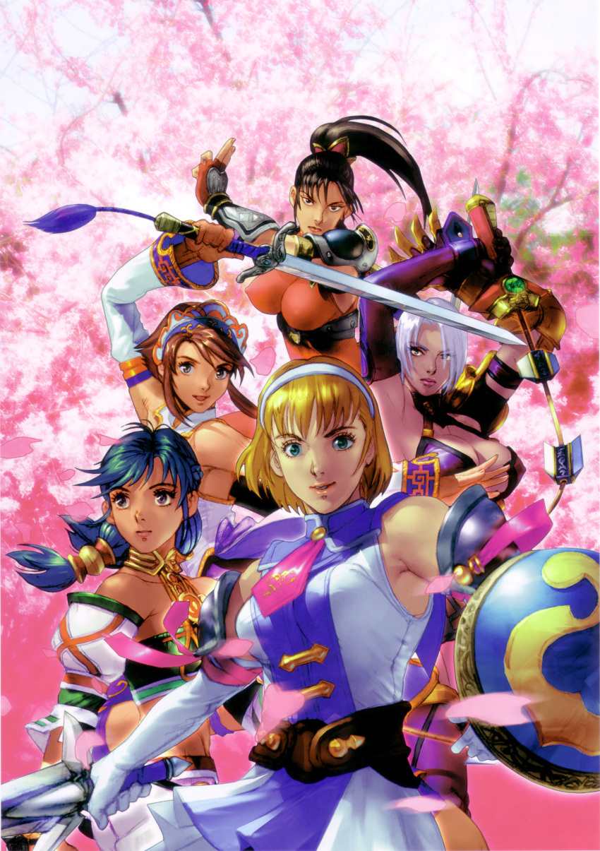 5girls absurdres arms_up bare_shoulders black_hair blonde_hair breasts brown_hair cassandra_alexandra chai_xianghua cherry_blossoms collage dark-skinned_female dark_skin detached_sleeves elbow_gloves gloves green_hair hairband headdress highres isabella_valentine kawano_takuji large_breasts long_hair medium_breasts midriff multiple_girls necktie official_art pantyhose photoshop_(medium) pink_necktie ponytail shield short_hair soulcalibur soulcalibur_ii sword taki_(soulcalibur) talim twintails weapon whip_sword white_hair