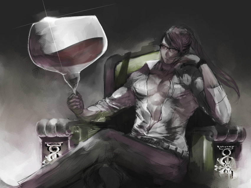 1boy alcohol commentary_request crossed_legs cup drinking_glass glass glasses homex kamui_gakupo long_hair male_focus oversized_object sitting solo throne vocaloid what_is_a_man? wine wine_glass