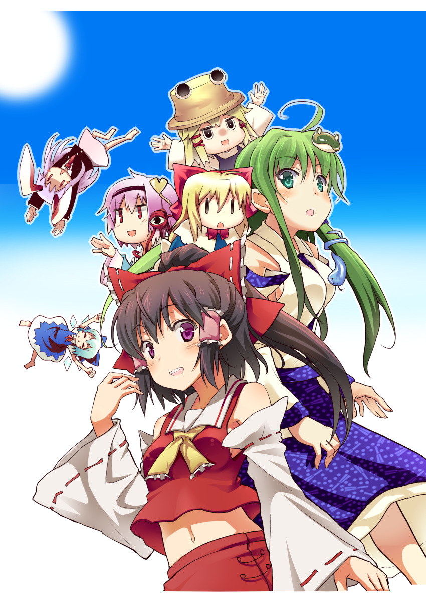 6+girls absurdres ahoge animal_ears black_eyes blonde_hair blue_hair blush blush_stickers boshi_(a-ieba) bow brown_hair chibi cirno commentary_request cover cover_page detached_sleeves gradient_background green_hair hair_ornament hair_tubes hairbow hakurei_reimu hat heart highres kochiya_sanae komeiji_satori long_hair midriff moriya_suwako multiple_girls navel open_mouth outstretched_arms purple_eyes purple_hair rabbit_ears red_eyes reisen_udongein_inaba shanghai_doll short_hair skirt spread_arms third_eye touhou |_|