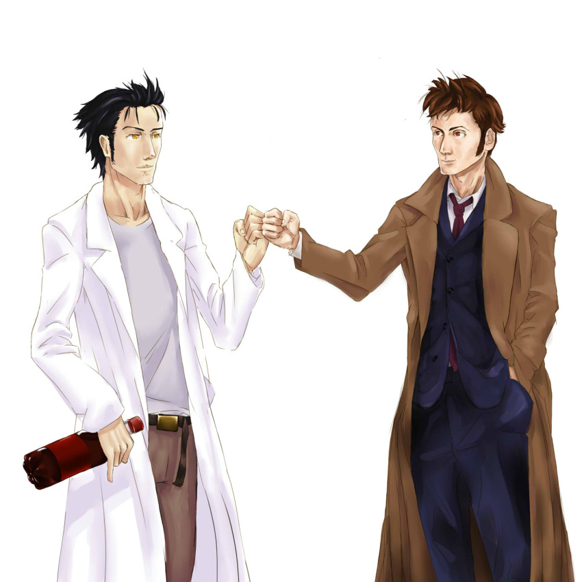 2boys arantheus bottle coat crossover doctor_who dr_pepper fist_bump formal highres imageboard_desourced lab_coat male_focus multiple_boys necktie non-web_source okabe_rintarou steins;gate suit tenth_doctor_(doctor_who) the_doctor trait_connection