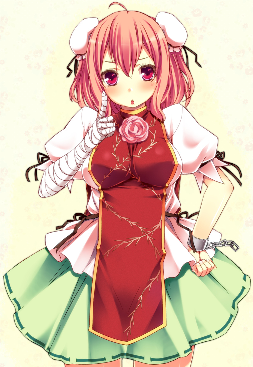 :o bandages bun_cover chains chinese_clothes commentary_request cuffs double_bun female flower hair_bun hand_on_own_hip highres ibaraki_kasen index_finger_raised kaneru pink_hair red_eyes rose short_hair skirt solo touhou