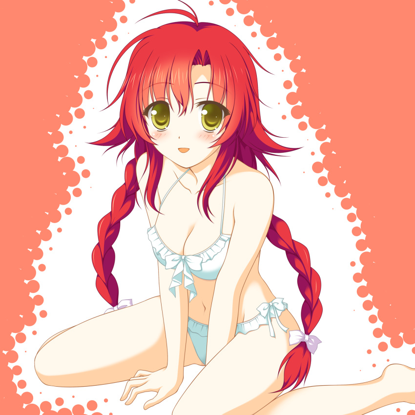 :d bikini blush bow braid breasts commentary_request female green_eyes highres irotoridori_no_sekai kakesu long_hair medium_breasts minami_kana_(irotoridori_no_sekai) navel open_mouth red_hair ribbon sitting smile solo swimsuit twin_braids wariza white_bikini