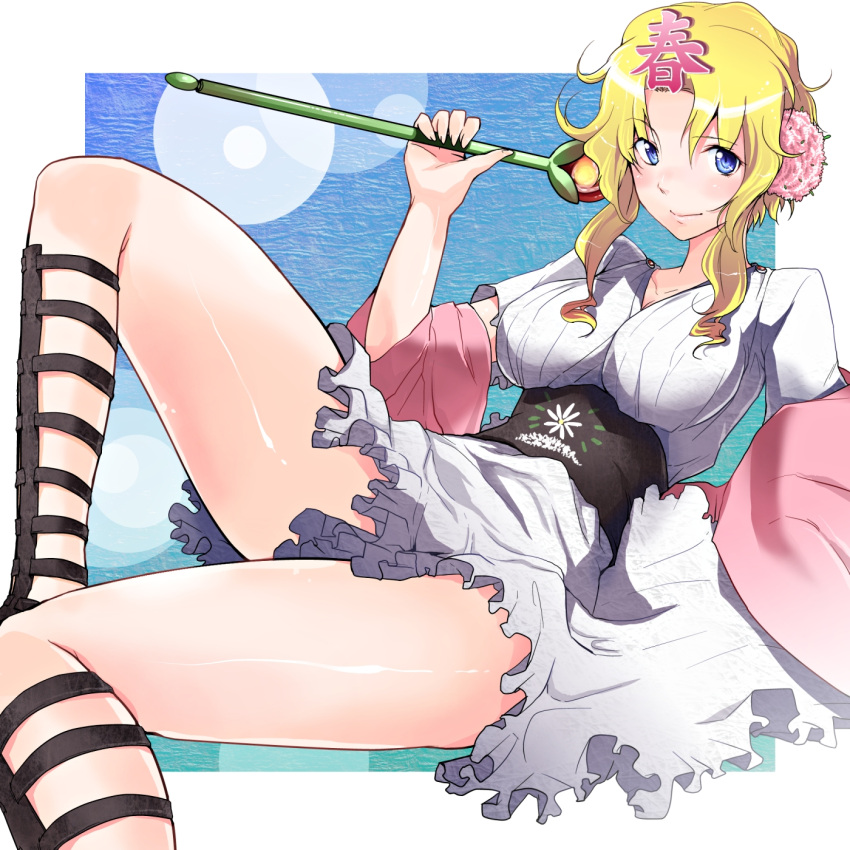 aged_up ankle_lace-up blonde_hair blue_eyes blush breasts commentary_request cross-laced_footwear female flower hair_flower hair_ornament haru-chan highres japanese_clothes large_breasts nhk_(broadcaster) nishiide_kengorou obi sash smile solo thighs