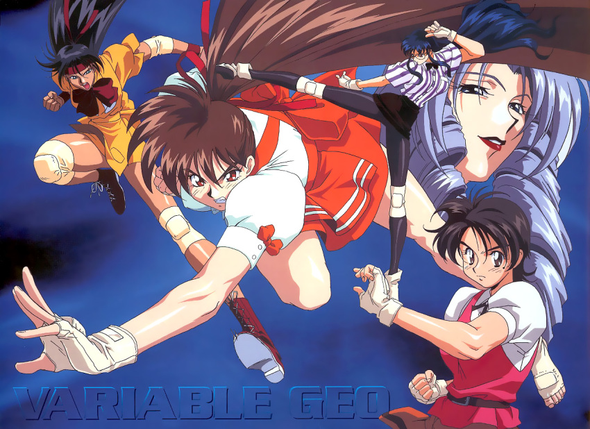 1990s_(style) 5girls black_eyes black_hair blue_hair brown_eyes brown_hair drill_hair fingerless_gloves glasses gloves grey_hair grin headband jahana_reimi kicking kimura_takahiro kubota_jun lipstick long_hair makeup multiple_girls official_art open_mouth orange_skirt pantyhose photoshop_(medium) red_eyes retro_artstyle skirt smile takeuchi_yuka toes variable_geo waitress yajima_satomi yanase_kaori