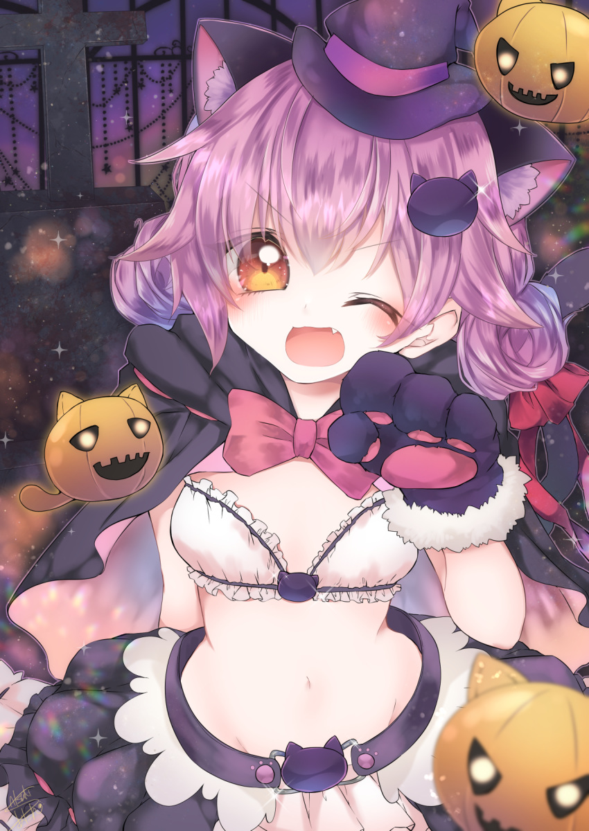 ;d animal_ears animal_hands aya-0w0 bad_id bad_pixiv_id belt black_cape black_hat black_skirt bow bowtie bra cape cat_ears cat_hair_ornament commentary_request cowboy_shot daisy_(flower_knight_girl) double_bun female flower_knight_girl gloves hair_bun hair_ornament halloween hat highres jack-o'-lantern looking_at_viewer midriff navel one_eye_closed open_mouth paw_gloves paw_pose pink_bow pink_hair short_hair skirt smile solo underwear white_bra witch_hat yellow_eyes