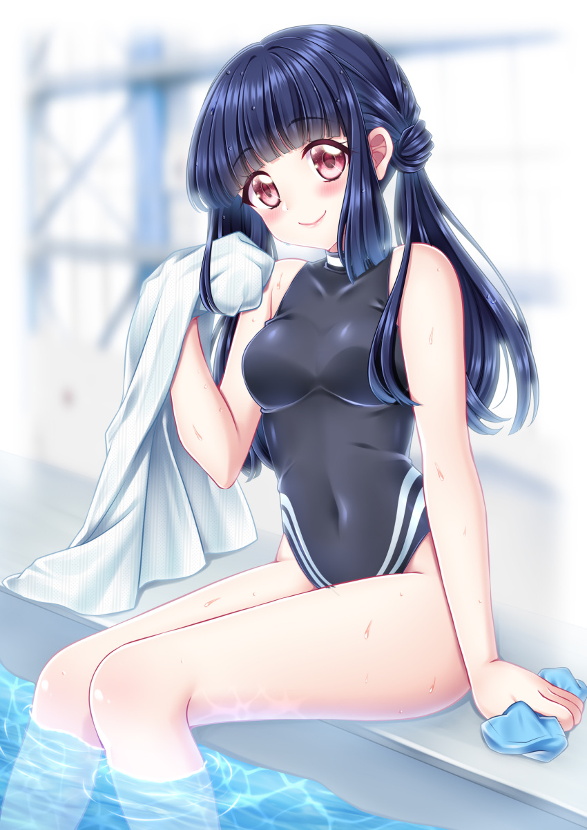 black_one-piece_swimsuit breasts commentary commission competition_swimsuit covered_navel female hair_bun highres looking_at_viewer low_twintails medium_breasts one-piece_swimsuit pixiv_commission poolside shirato_sayuri smile soaking_feet solo swimsuit tokimeki_memorial tokimeki_memorial_only_love towel turtleneck turtleneck_one-piece_swimsuit twintails yayoi_mina