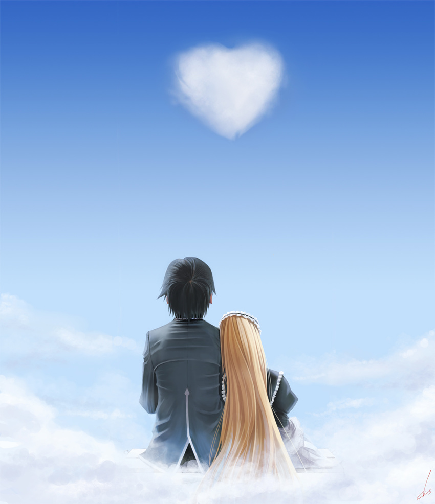 1boy cloud commentary couple day dopollsogno female from_behind gosick heart highres kujou_kazuya long_hair looking_up photoshop_(medium) short_hair signature sky straight victorica_de_blois