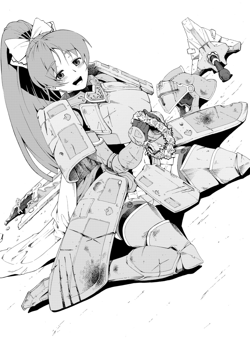 absurdres armor bernice_(sennen_sensou_aigis) bouquet commentary_request dutch_angle female flower gauntlets greyscale helmet highres mace monochrome oku_hideki open_mouth photoshop_(medium) ponytail sennen_sensou_aigis shield sitting solo unworn_headwear unworn_helmet wariza weapon