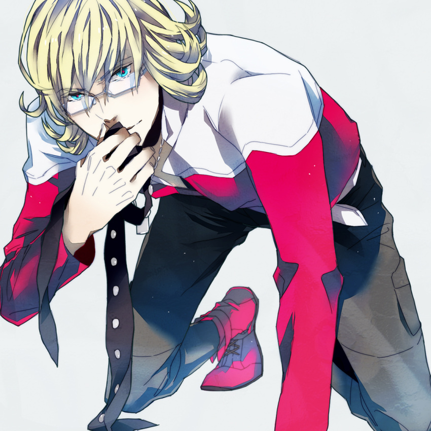 1boy bad_id bad_pixiv_id barnaby_brooks_jr. belt blonde_hair blue_eyes boots glasses jacket kneeling male_focus necktie red_jacket solo tiger_&_bunny yasuhiro