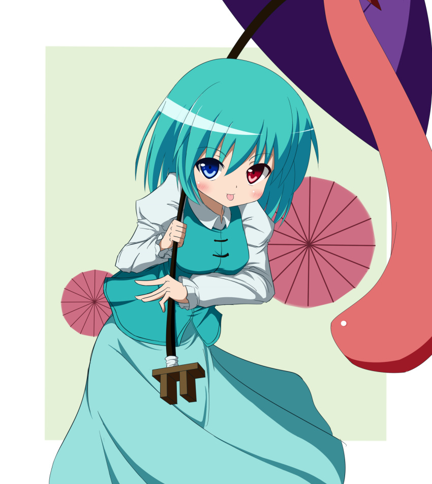 :p blue_eyes blue_hair blush commentary_request female garukichi heterochromia highres karakasa_obake purple_umbrella red_eyes short_hair skirt solo tatara_kogasa tongue tongue_out touhou umbrella