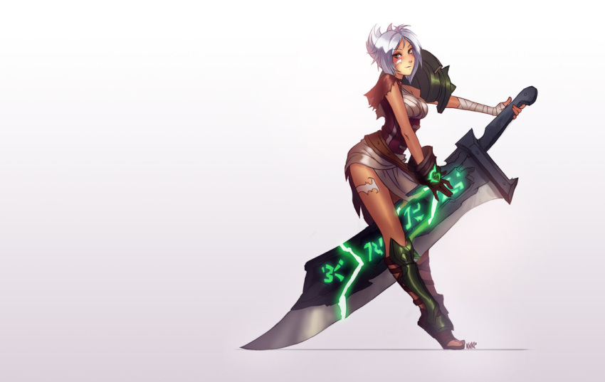 bandages belt blush boots breasts commentary_request deviantart_sample female gauntlets huge_weapon image_sample kienan_lafferty league_of_legends medium_breasts riven_(league_of_legends) sarashi short_hair shoulder_pads solo sword toes weapon white_hair