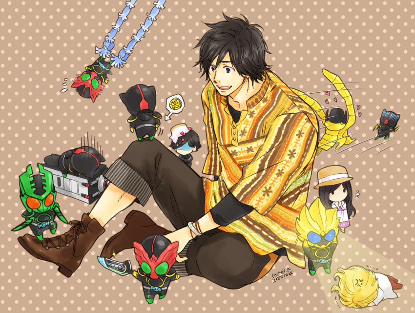 6+boys alternate_form angry animification ankh_(ooo) black_eyes black_hair blonde_hair boots bracelet cake chibi commentary_request dress eye_beam female food gatakiriba_(ooo_combo) gotou_shintarou hat heart hino_eiji inagi izumi_hina izumi_shingo jewelry kamen_rider kamen_rider_ooo kamen_rider_ooo_(series) kamen_rider_w looking_at_another luna_dopant male_focus medal multiple_boys multiple_persona open_mouth polka_dot polka_dot_background ratoratah_(ooo_combo) shaded_face shoes sitting sword tatoba_(ooo_combo) undershirt weapon