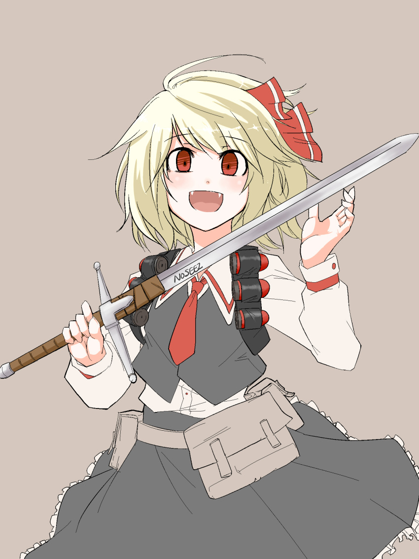 ascot bad_id bad_pixiv_id blonde_hair blush bow claymore_(sword) cosplay demoman_(tf2) demoman_(tf2)_(cosplay) explosive eyelander fangs female grenade hair_ribbon hairbow highres holding holding_sword holding_weapon necktie open_mouth red_demoman_(tf2) red_demoman_(tf2)_(cosplay) red_eyes red_necktie ribbon rumia shino_(r_shughart) short_hair simple_background skirt smile solo sword team_fortress_2 touhou vest weapon