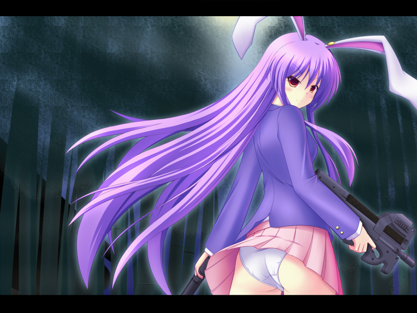 animal_ears ass bad_id bad_pixiv_id bullpup female from_behind gun highres hyonsan2 letterboxed long_hair p90 panties pantyshot pleated_skirt purple_hair rabbit_ears red_eyes reisen_udongein_inaba skirt solo submachine_gun touhou underwear very_long_hair weapon white_panties