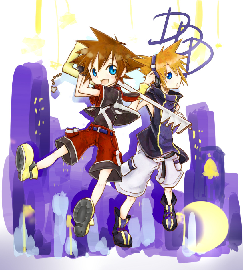 2boys azizya bad_id bad_pixiv_id blue_eyes boots brown_hair headphones highres keyblade kingdom_hearts kingdom_hearts_3d_dream_drop_distance kingdom_key male_focus multiple_boys orange_hair sakuraba_neku sora_(kingdom_hearts) spoilers subarashiki_kono_sekai wristband