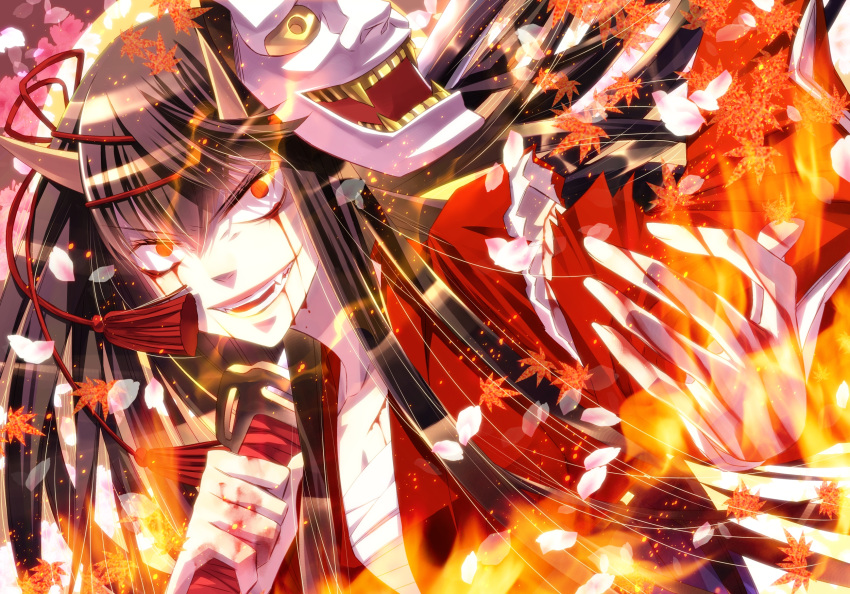 blood commentary_request fangs female fire hannya highres hinomoto_oniko horns long_hair mask oni oni_horns original petals sakamoto_akira sarashi solo sword tassel torn_clothes weapon