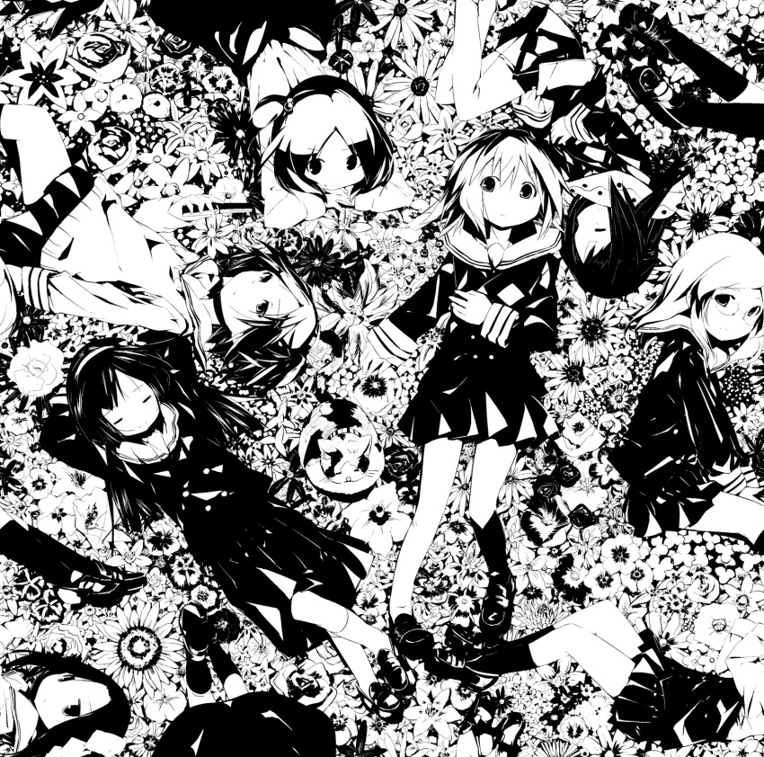 6+girls cardigan cellphone closed_eyes commentary_request feline flower glasses greyscale hair_bobbles hair_ornament hairband highres kuroba_u long_hair lying monochrome multiple_girls original phone sailor school_uniform serafuku short_hair short_twintails skirt smile sweater twintails