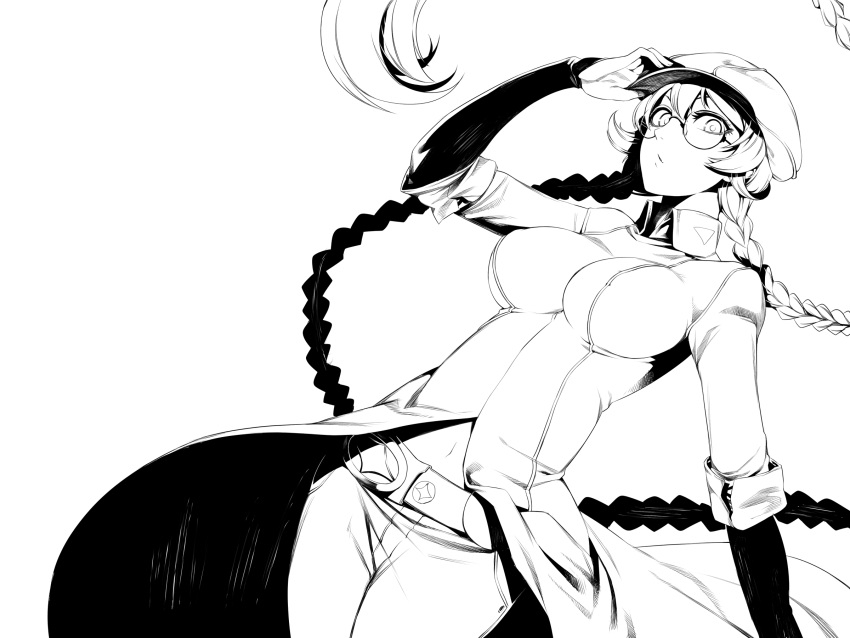 belt braid cabbie_hat coat commentary_request female glasses greyscale hat highres impossible_clothes irohara_mitabi ishimaru_kouta line_art long_hair monochrome solo very_long_hair zaregoto_series