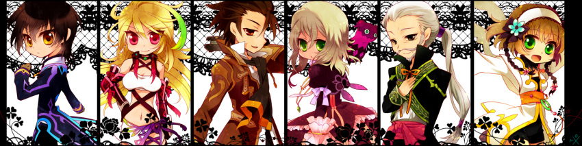 3boys 3girls alvin_(tales) bad_id bad_pixiv_id beard black_hair blonde_hair brown_eyes brown_hair detached_sleeves doll elize_lutus facial_hair gradient_hair green_eyes green_hair hairband highres jewelry jude_mathis leia_rolando midriff milla_maxwell miyu_(matsunohara) multicolored_hair multiple_boys multiple_girls navel necklace red_eyes ribbon rowen_j._ilbert scarf strapless tales_of_(series) tales_of_xillia teepo_(tales) tube_top white_hair wide_image