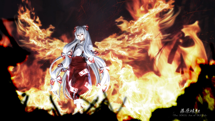 3d bow commentary_request female fire fujiwara_no_mokou grey_hair hairbow highres ikeda_(hayato) long_hair pants red_eyes smile solo suspenders touhou very_long_hair wings