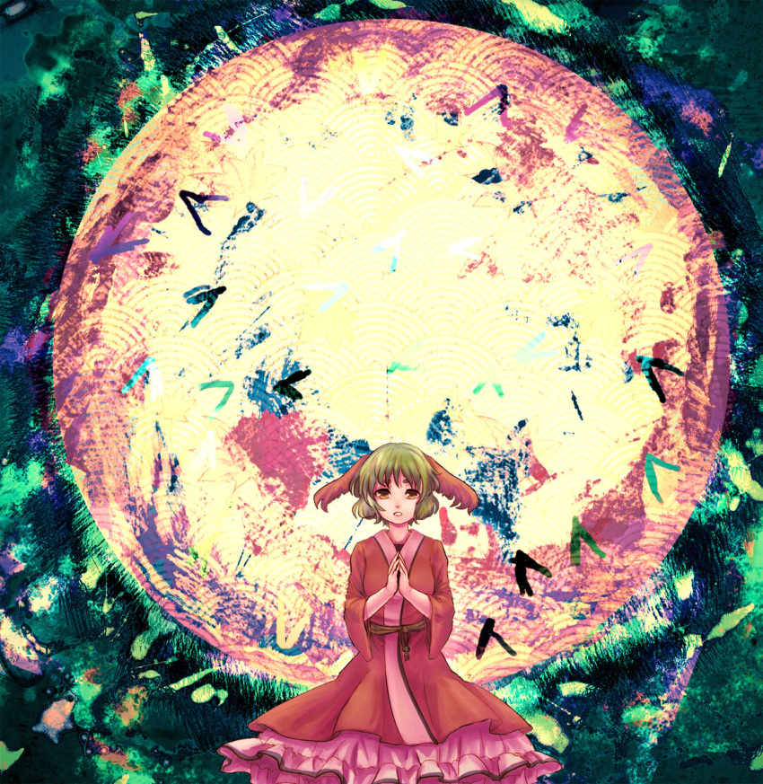 animal_ears commentary_request danmaku dress female green_eyes green_hair highres kasodani_kyouko kitayuki_kajika looking_at_viewer own_hands_clasped own_hands_together palms_together short_hair solo touhou