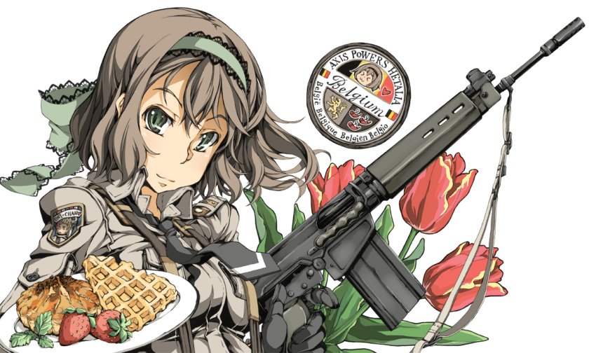 >3< axis_powers_hetalia battle_rifle belgian_flag belgium_(hetalia) black_hairband blush brown_hair chibi closed_mouth coat_of_arms collared_shirt commentary_request dutch_text female flower fn_fal food french_text fruit german_text gloves green_eyes green_hairband grey_gloves grey_necktie grey_shirt gun gun_sling hairband head_only heart kasetsu_03 lace-trimmed_hairband lace_trim leaf long_sleeves looking_at_viewer military military_uniform necktie netherlands_(hetalia) photoshop_(medium) plate red_flower red_tulip rifle shirt short_hair simple_background smile solo strawberry tulip uniform upper_body waffle weapon white_background