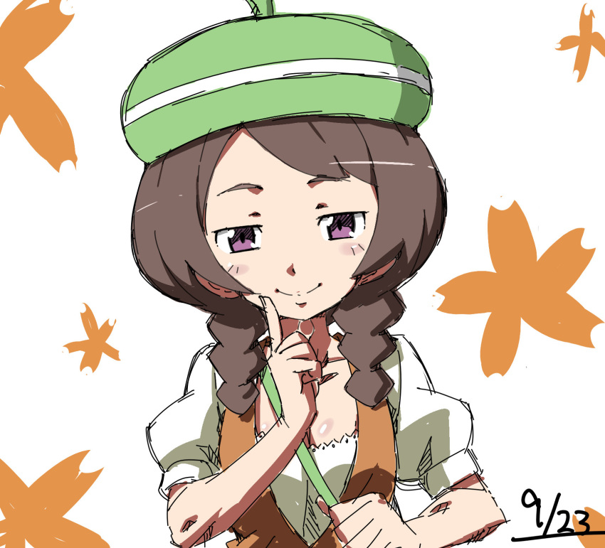 bad_id bad_pixiv_id bianca_(pokemon) bianca_(pokemon)_(cosplay) braid brown_hair cosplay female hat highres inazuma_eleven_(series) inazuma_eleven_go kiryu_manzoku pokemon purple_eyes smile solo twin_braids yamana_akane